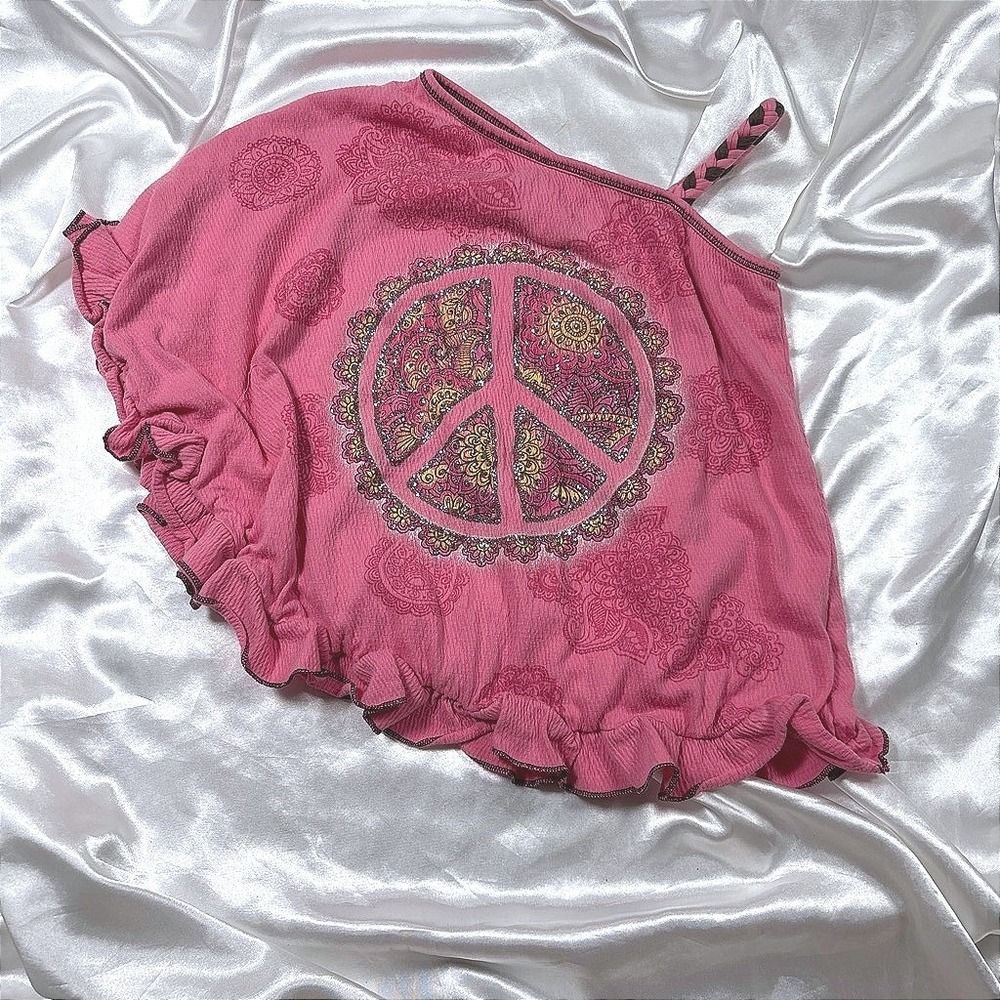 y2k Knit Works Top Pink Excellent Peace Sign Glitter Ruffle One Shoulder M/S